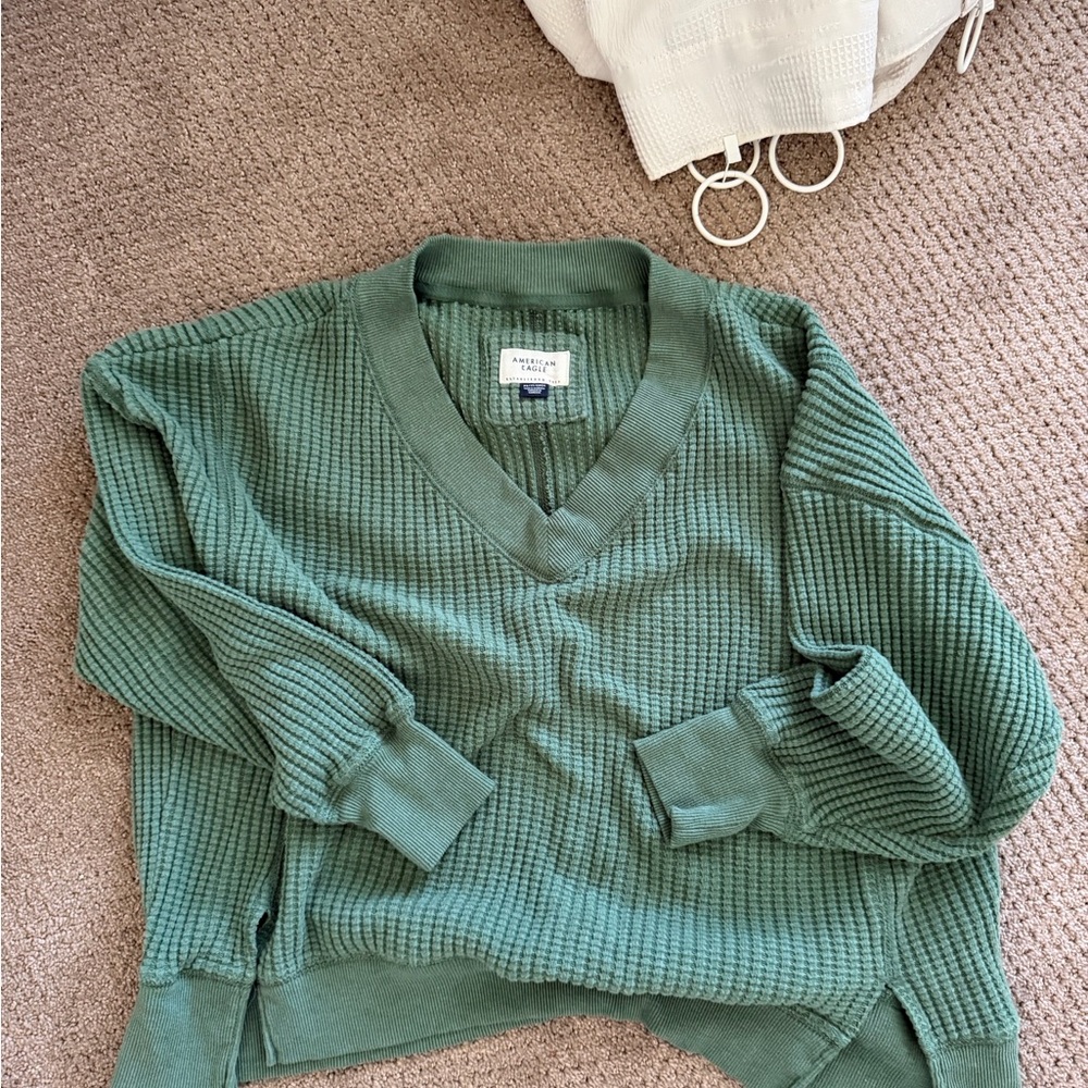 American Eagle Outfitters Olive Green V-Neck Waffle Knit Sweater